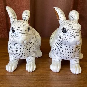 PAINTED WHITE W/ GOLD ACCENTS WOOD BUNNY STATUES-SET OF 2-SPRING DECOR EUC